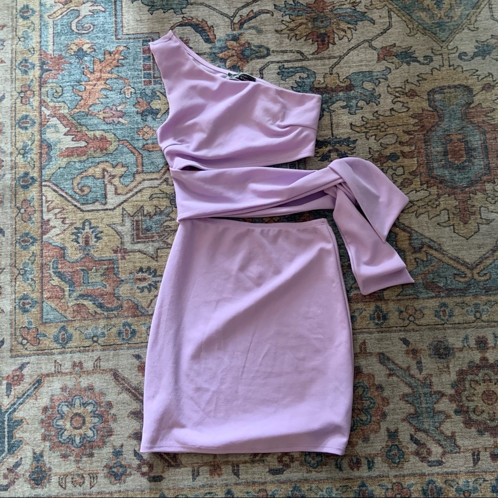 These Three Boutique purple side tie one shoulder dress